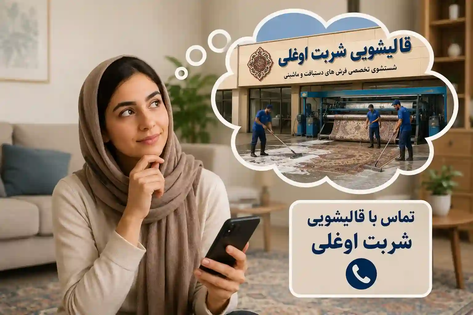 خانمی که در حال تماس با قالیشویی شربت اوغلی است